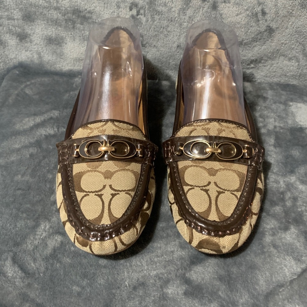Coach Loafers Womens 8 B Fortunata Brown Signature Monogram Patent Classic Flaw